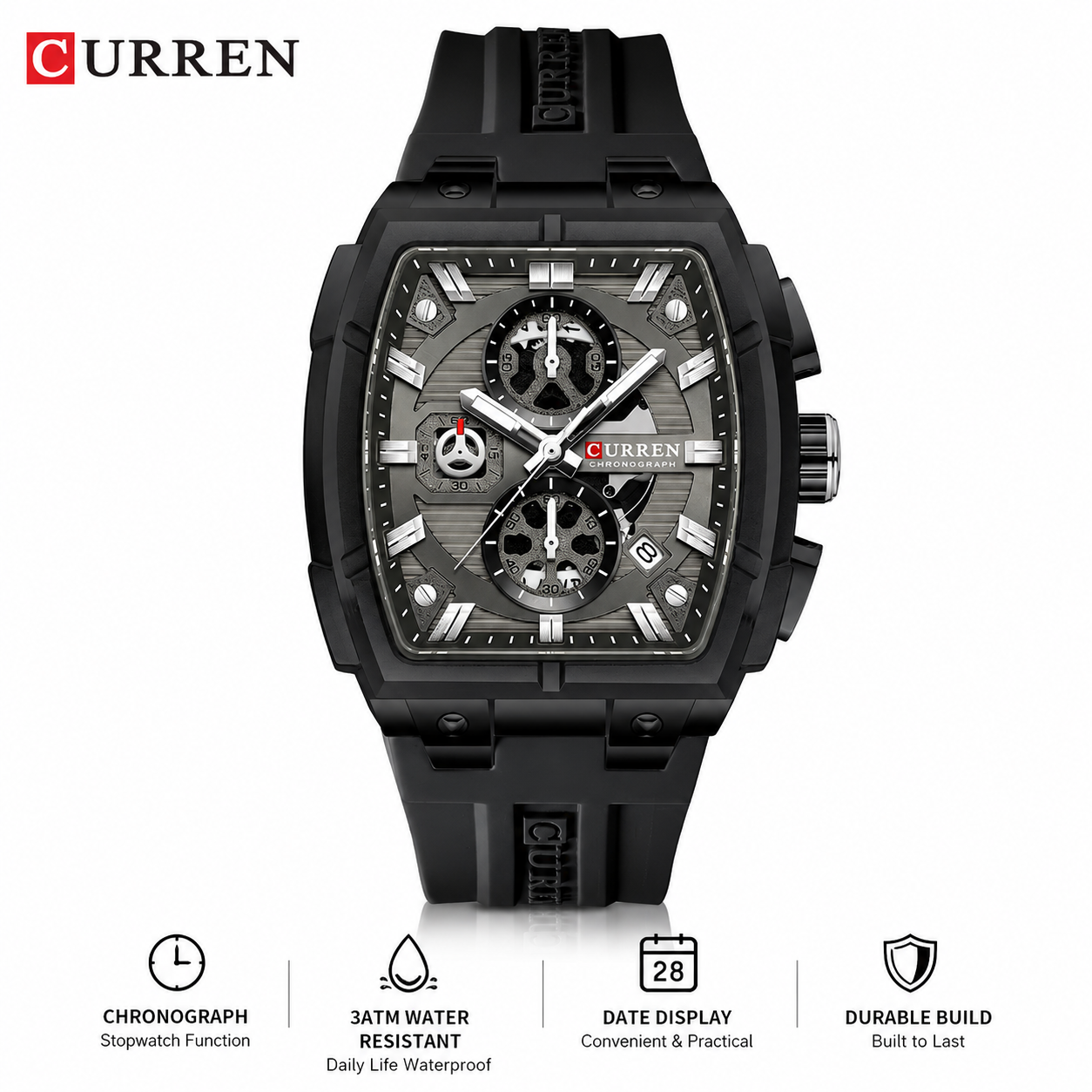 CURREN Luxury Men's Black Sport Watch | Waterproof Chronograph | Designer Silicone Strap Wristwatch