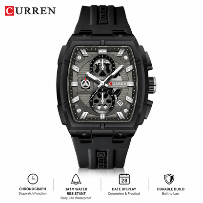 CURREN Luxury Men's Black Sport Watch | Waterproof Chronograph | Designer Silicone Strap Wristwatch