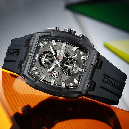 CURREN Luxury Men's Black Sport Watch | Waterproof Chronograph | Designer Silicone Strap Wristwatch