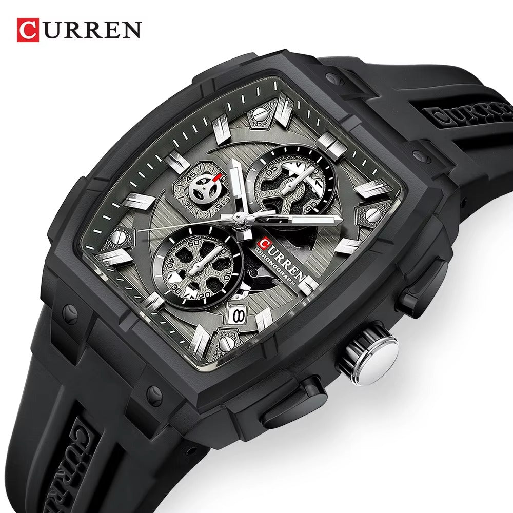 CURREN Luxury Men's Black Sport Watch | Waterproof Chronograph | Designer Silicone Strap Wristwatch