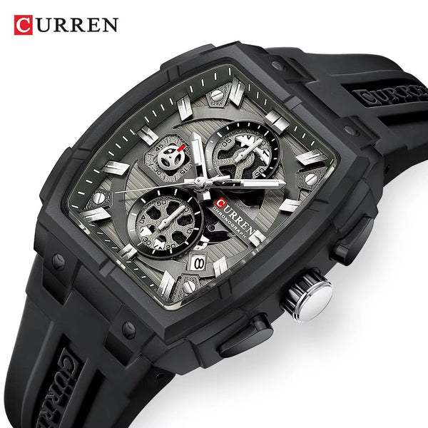 CURREN Luxury Men's Black Sport Watch | Waterproof Chronograph | Designer Silicone Strap Wristwatch